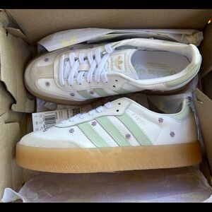 adidas White Sneakers with Mint Stripes & Gum Platform Sole